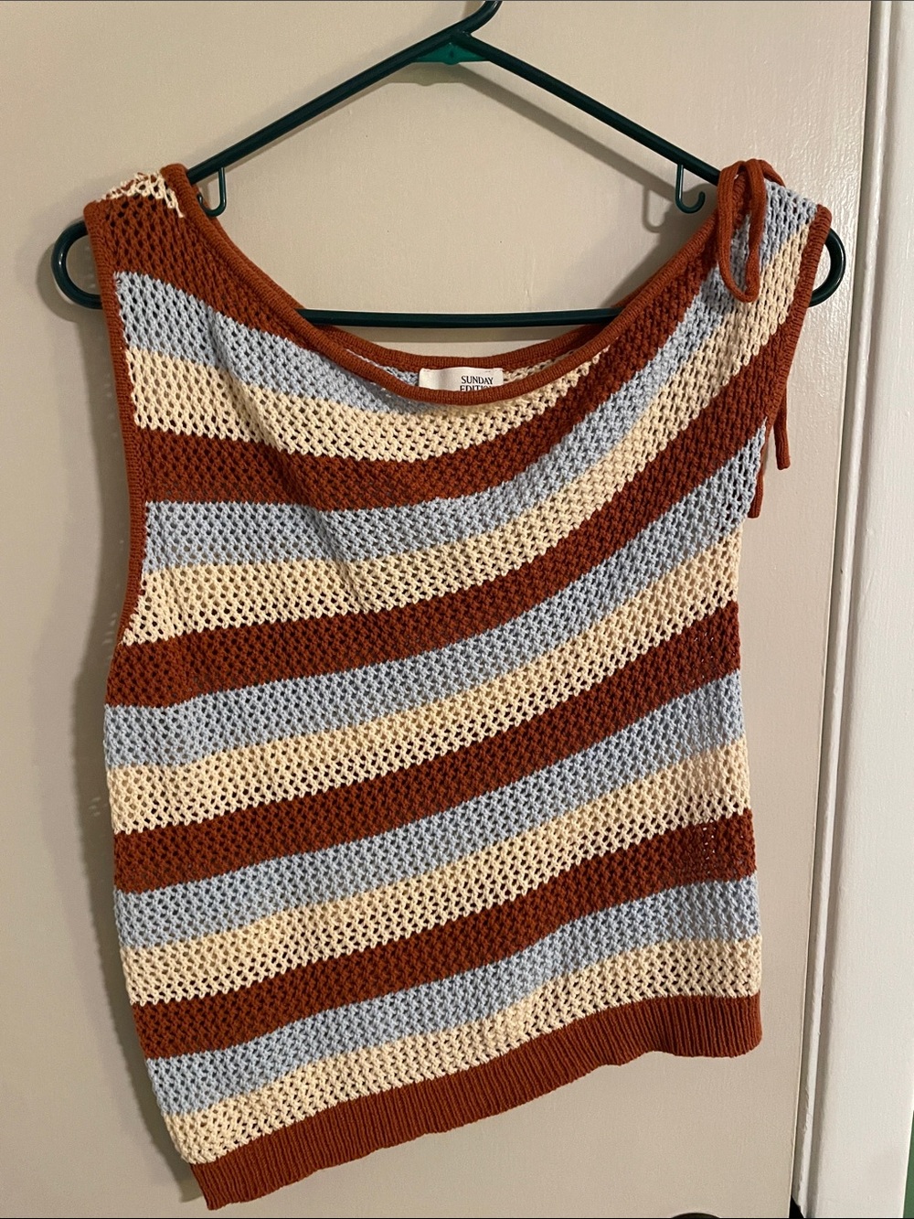 Sunday Somewhere Striped Knit Off-the-shoulder Tank — Rust, Cream & Light Blue